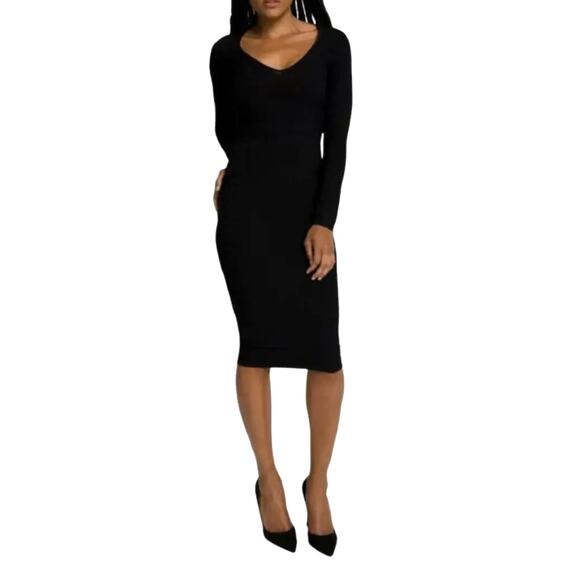 NEW! Good American S Low Down Bodycon BANDAGAE Midi Dress Long Sleeve Black Sz 1 - Picture 3 of 9